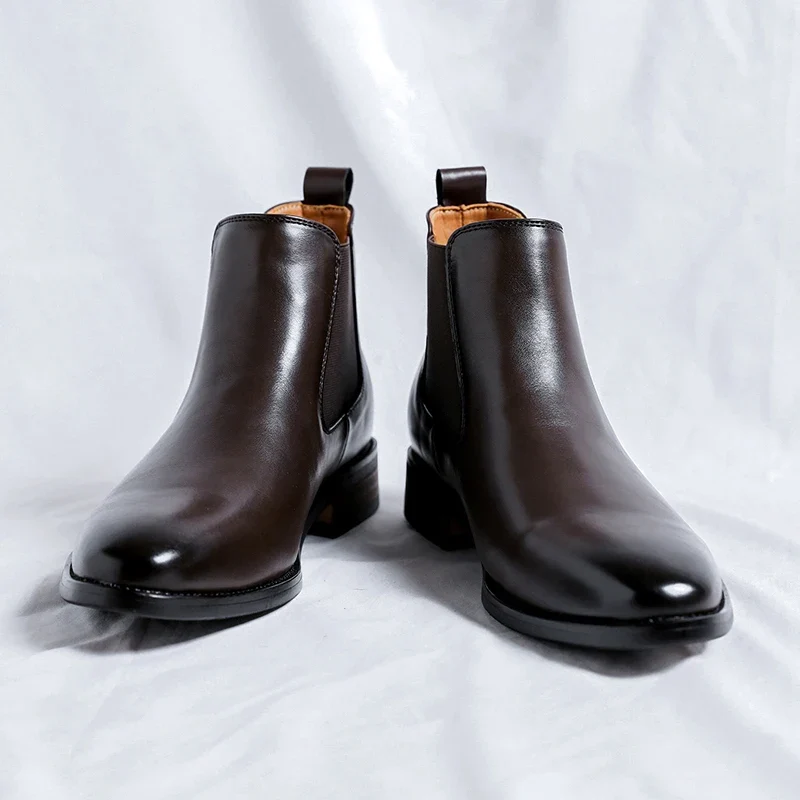 Genuine Leather Classic Men High Top Chelsea Ankle Boots High Quality Mens Casual Dress Business Shoes Comfy OutdoorBasic Boots