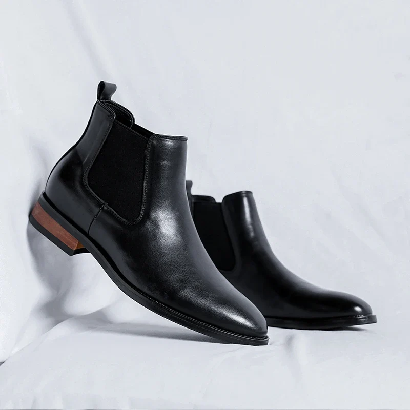 Genuine Leather Classic Men High Top Chelsea Ankle Boots High Quality Mens Casual Dress Business Shoes Comfy OutdoorBasic Boots