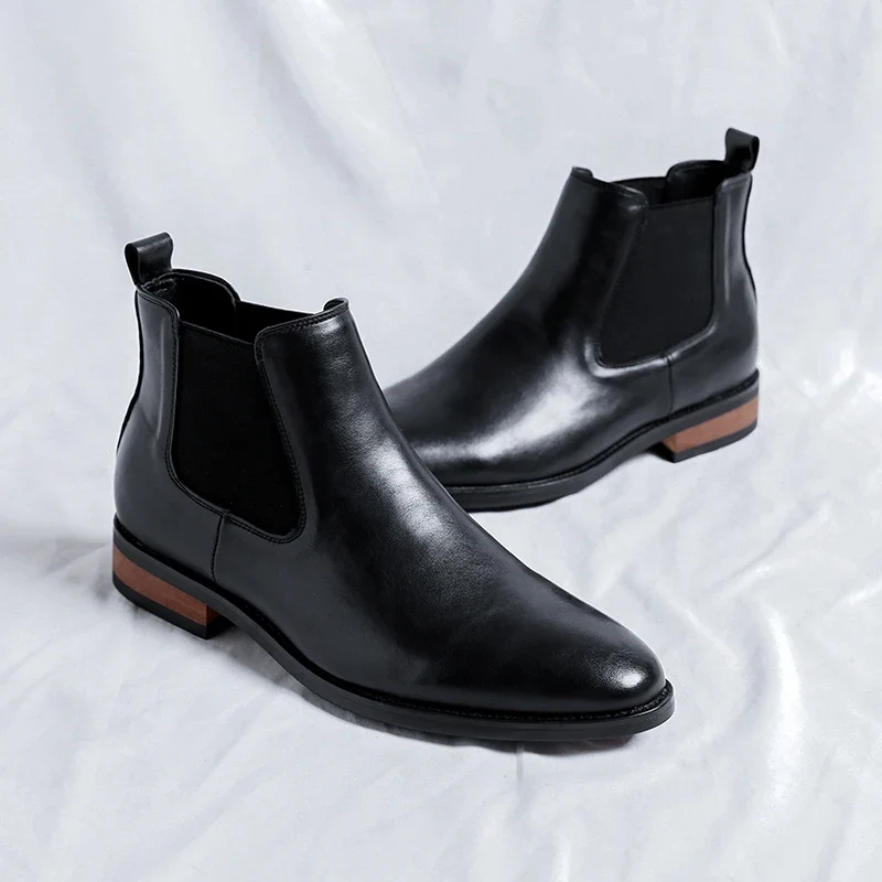 Genuine Leather Classic Men High Top Chelsea Ankle Boots High Quality Mens Casual Dress Business Shoes Comfy OutdoorBasic Boots