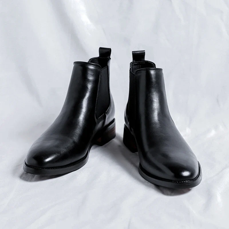 Genuine Leather Classic Men High Top Chelsea Ankle Boots High Quality Mens Casual Dress Business Shoes Comfy OutdoorBasic Boots
