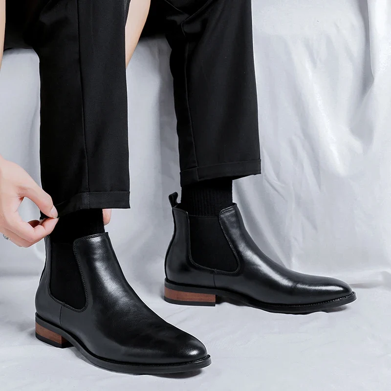 Genuine Leather Classic Men High Top Chelsea Ankle Boots High Quality Mens Casual Dress Business Shoes Comfy OutdoorBasic Boots