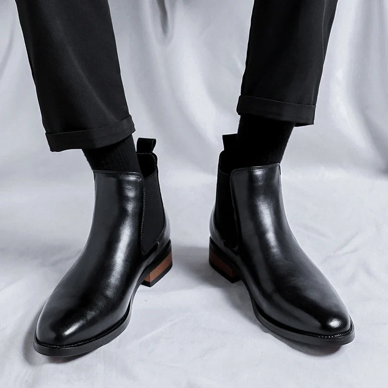 Genuine Leather Classic Men High Top Chelsea Ankle Boots High Quality Mens Casual Dress Business Shoes Comfy OutdoorBasic Boots