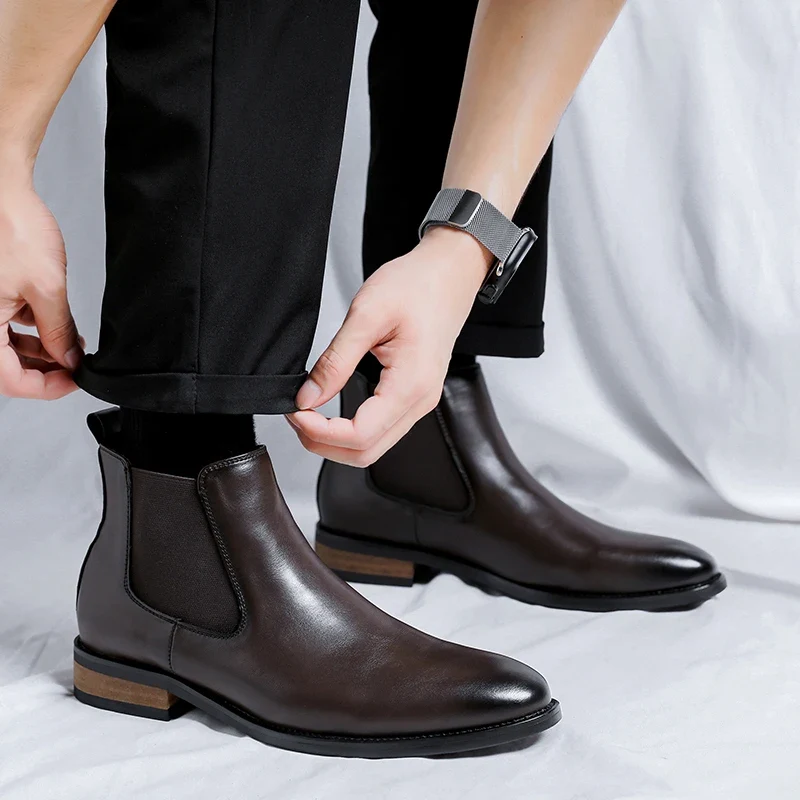 Genuine Leather Classic Men High Top Chelsea Ankle Boots High Quality Mens Casual Dress Business Shoes Comfy OutdoorBasic Boots