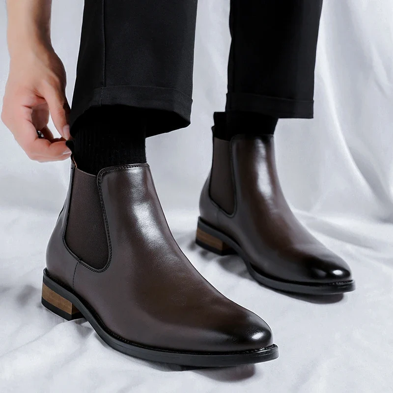 Genuine Leather Classic Men High Top Chelsea Ankle Boots High Quality Mens Casual Dress Business Shoes Comfy OutdoorBasic Boots