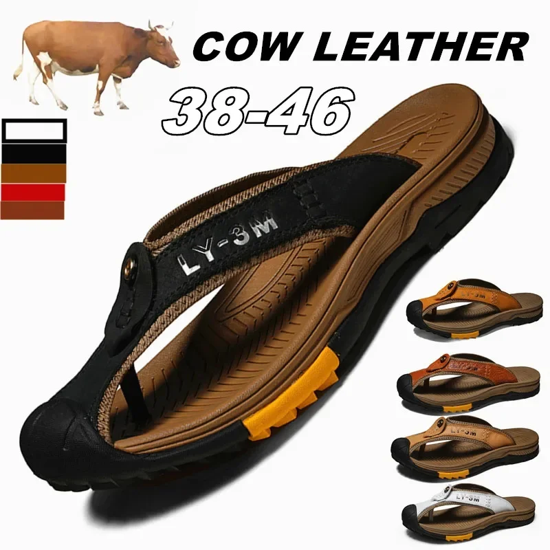 Genuine Cow Leather Shoes Men Sandals Mens Flip Flops Men's Casual Shoes Classic Massage Beach Slippers Anti-slip Summer 2025