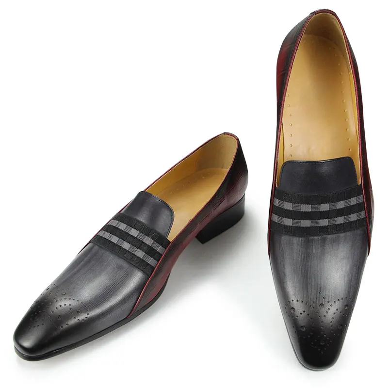 Loafer Men Fashion Cowhide Shoes Casual Gentleman Party Wedding Leather Shoes Gray Red Mixed Striped Elastic Band Footwear