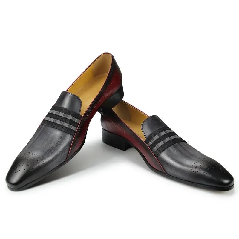 Loafer Men Fashion Cowhide Shoes Casual Gentleman Party Wedding Leather Shoes Gray Red Mixed Striped Elastic Band Footwear