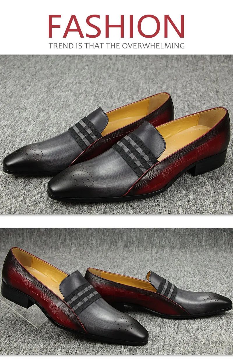Loafer Men Fashion Cowhide Shoes Casual Gentleman Party Wedding Leather Shoes Gray Red Mixed Striped Elastic Band Footwear