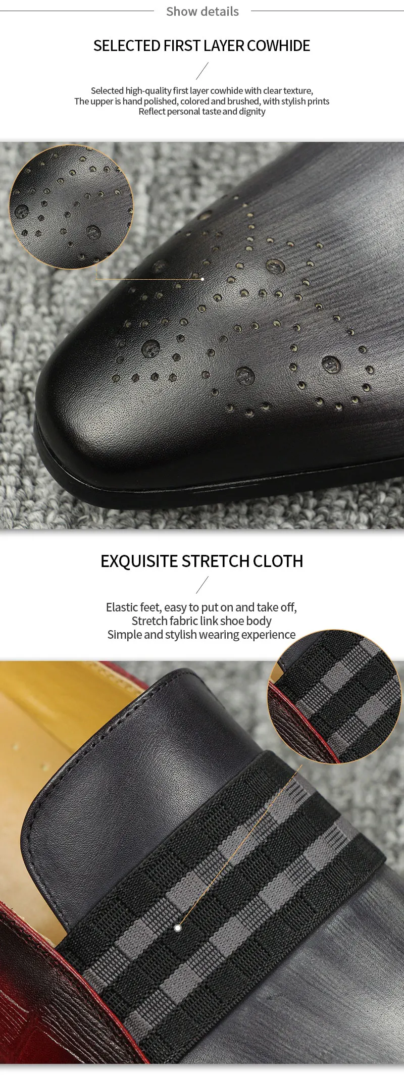 Loafer Men Fashion Cowhide Shoes Casual Gentleman Party Wedding Leather Shoes Gray Red Mixed Striped Elastic Band Footwear