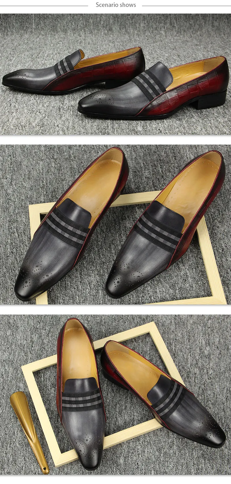 Loafer Men Fashion Cowhide Shoes Casual Gentleman Party Wedding Leather Shoes Gray Red Mixed Striped Elastic Band Footwear