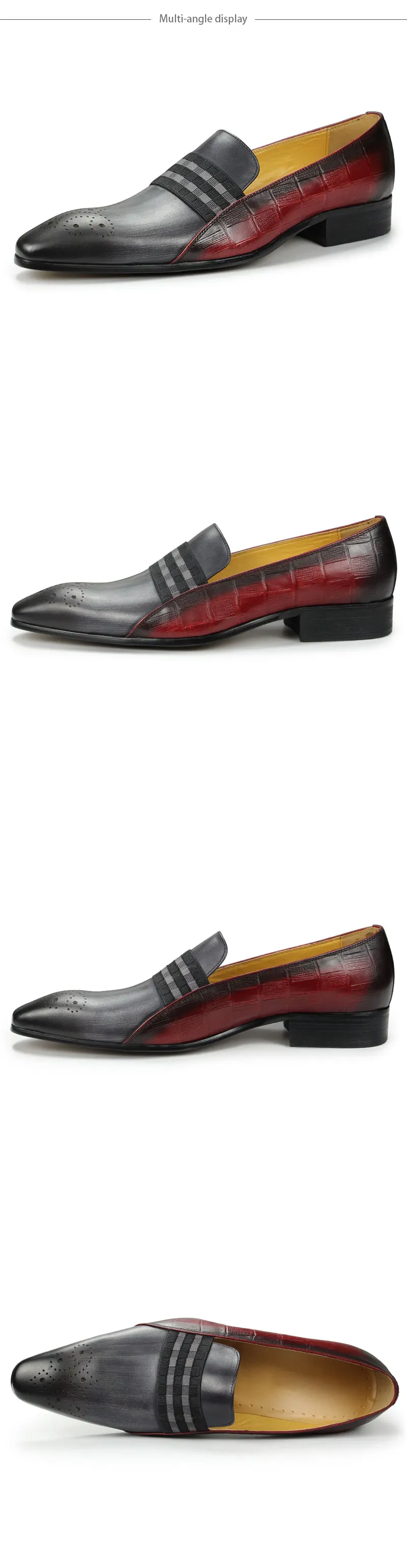 Loafer Men Fashion Cowhide Shoes Casual Gentleman Party Wedding Leather Shoes Gray Red Mixed Striped Elastic Band Footwear