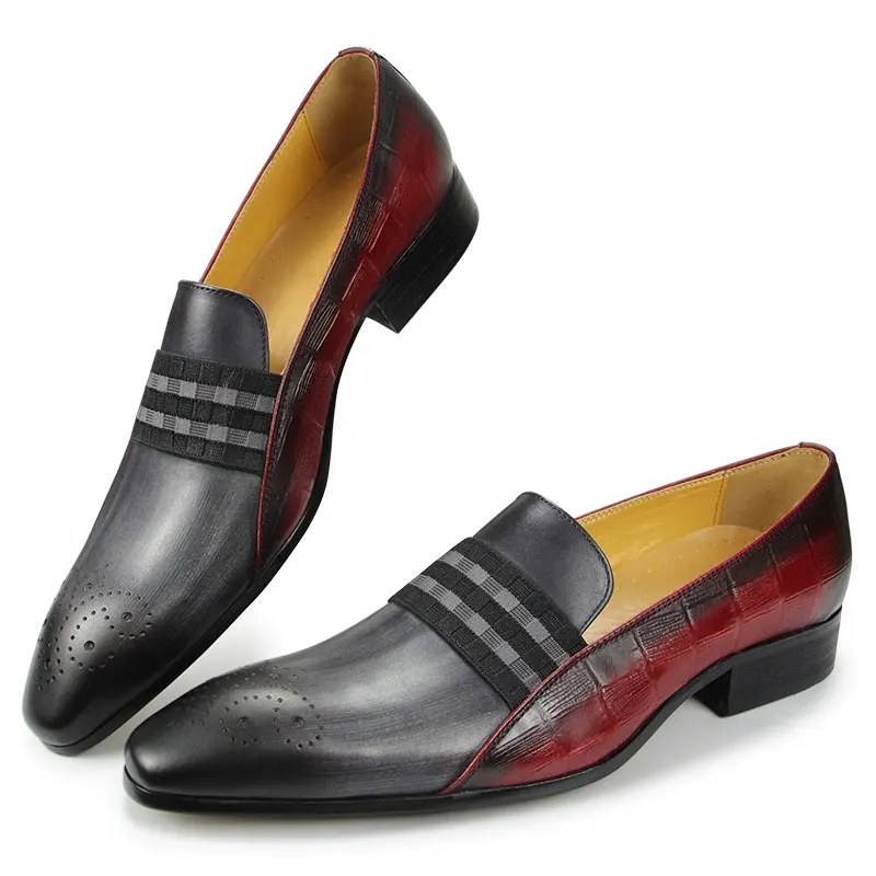 Loafer Men Fashion Cowhide Shoes Casual Gentleman Party Wedding Leather Shoes Gray Red Mixed Striped Elastic Band Footwear