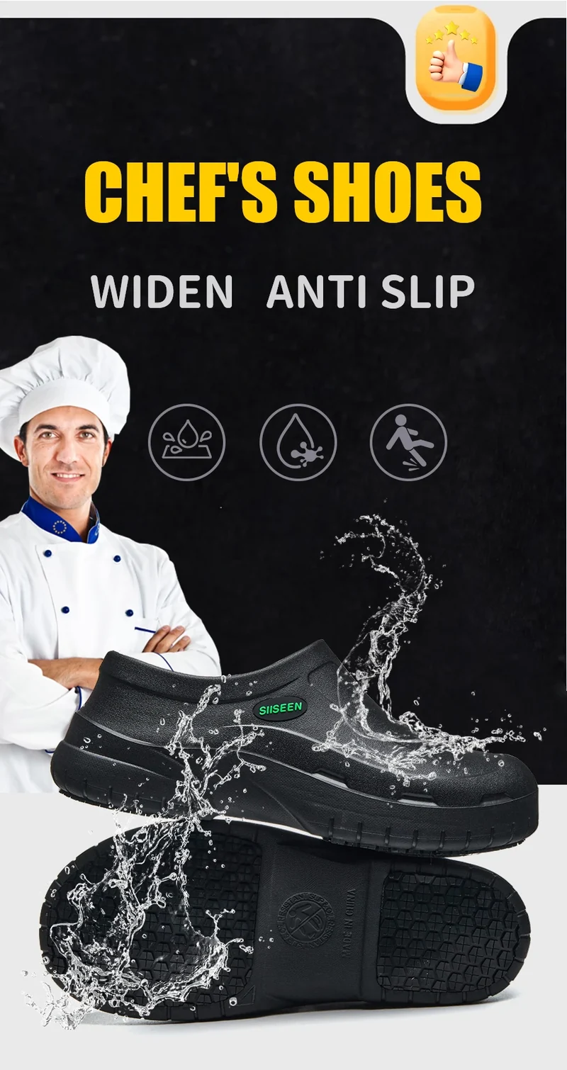 Men's Chef Shoes Waterproof Slip-On Lightweight Soft Anti-Slip Kitchen Hotel Work Shoes Easy to Wear Comfortable Food Service Fo