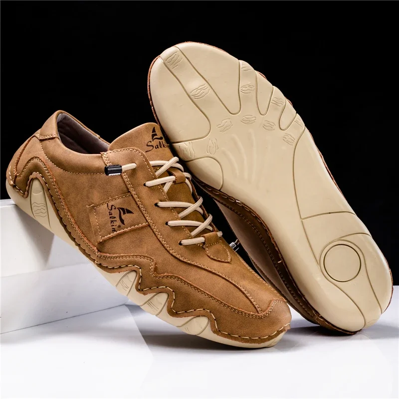 2024 Hand Sewn Leather Shoes for Men Light Outdoor Walking Casual Shoes Big Size 47 48 Slip-On Driving Loafers Men