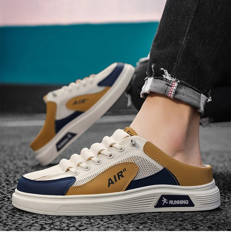 Half Slippers Men Low-top Canvas Shoes Casual Breathable Sneakers Korean Style Autumn Lace Up Casual Non-slip Trainers