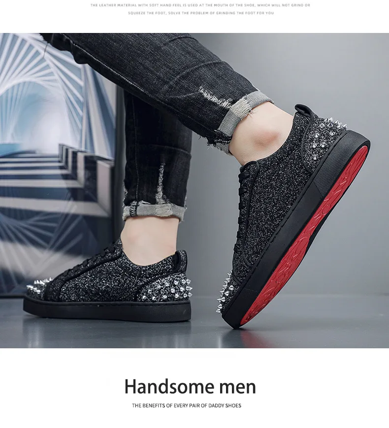 New Fashion Silver Trainers Glitter Spiky Shoes Men Lace Up Sneakers Low Top Shoes Red Sole Man Designer Sneaker With Spikes