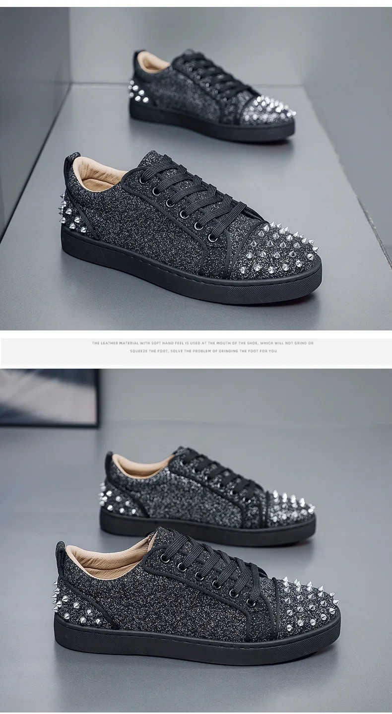 New Fashion Silver Trainers Glitter Spiky Shoes Men Lace Up Sneakers Low Top Shoes Red Sole Man Designer Sneaker With Spikes