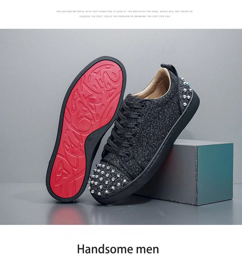 New Fashion Silver Trainers Glitter Spiky Shoes Men Lace Up Sneakers Low Top Shoes Red Sole Man Designer Sneaker With Spikes