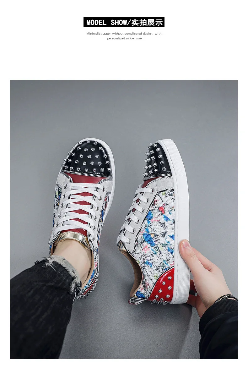 New Fashion Silver Trainers Glitter Spiky Shoes Men Lace Up Sneakers Low Top Shoes Red Sole Man Designer Sneaker With Spikes