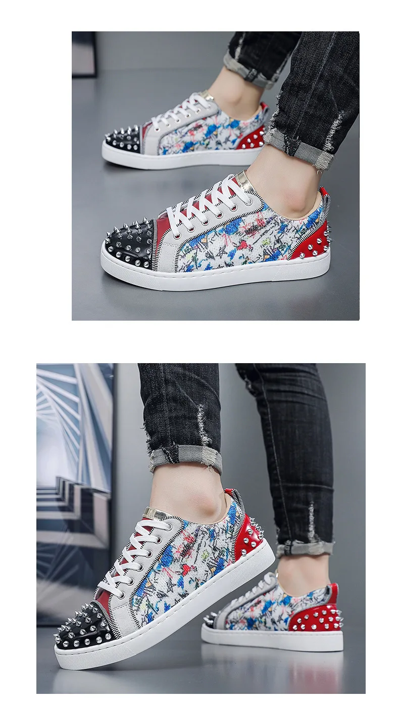 New Fashion Silver Trainers Glitter Spiky Shoes Men Lace Up Sneakers Low Top Shoes Red Sole Man Designer Sneaker With Spikes