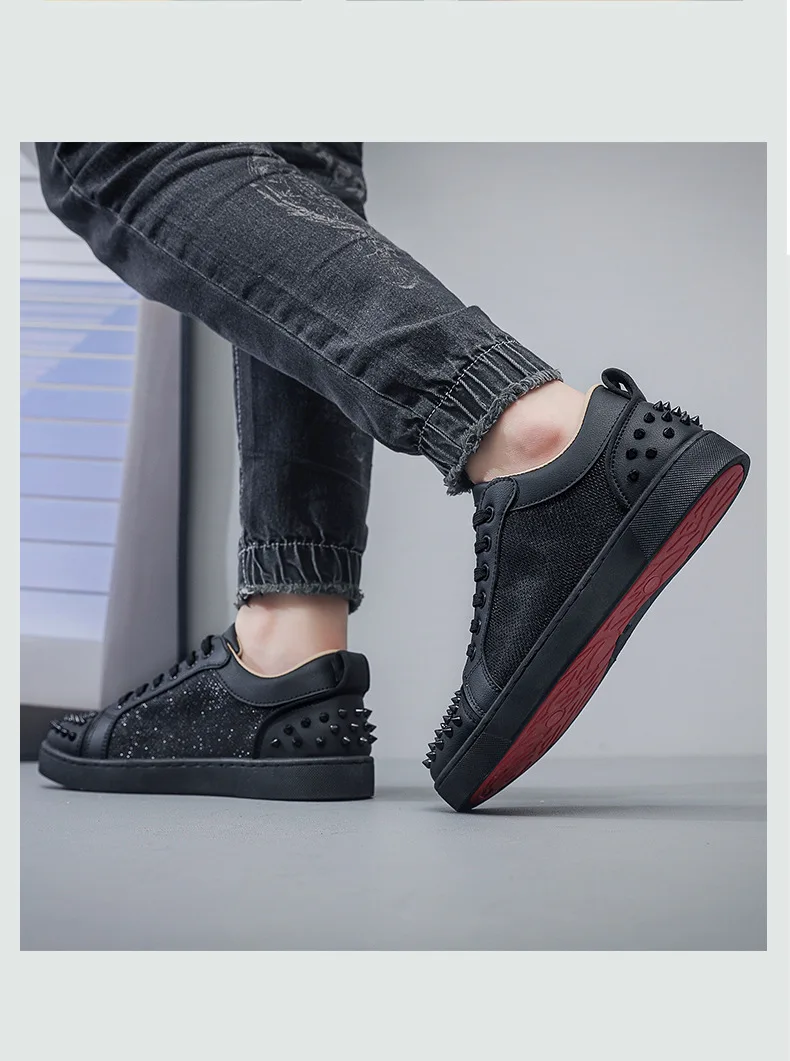 New Fashion Silver Trainers Glitter Spiky Shoes Men Lace Up Sneakers Low Top Shoes Red Sole Man Designer Sneaker With Spikes