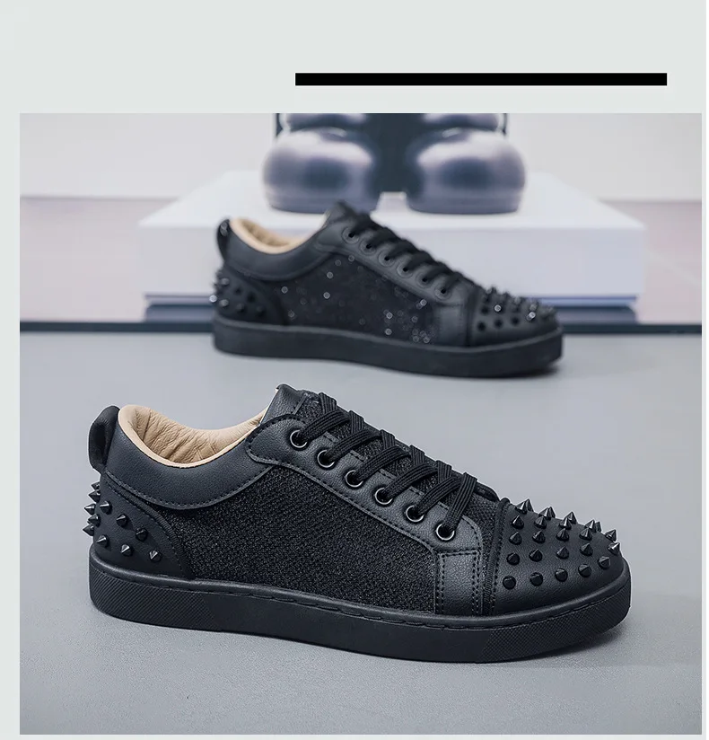 New Fashion Silver Trainers Glitter Spiky Shoes Men Lace Up Sneakers Low Top Shoes Red Sole Man Designer Sneaker With Spikes