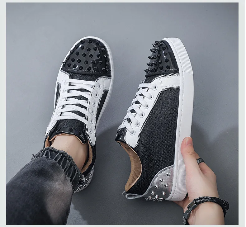 New Fashion Silver Trainers Glitter Spiky Shoes Men Lace Up Sneakers Low Top Shoes Red Sole Man Designer Sneaker With Spikes
