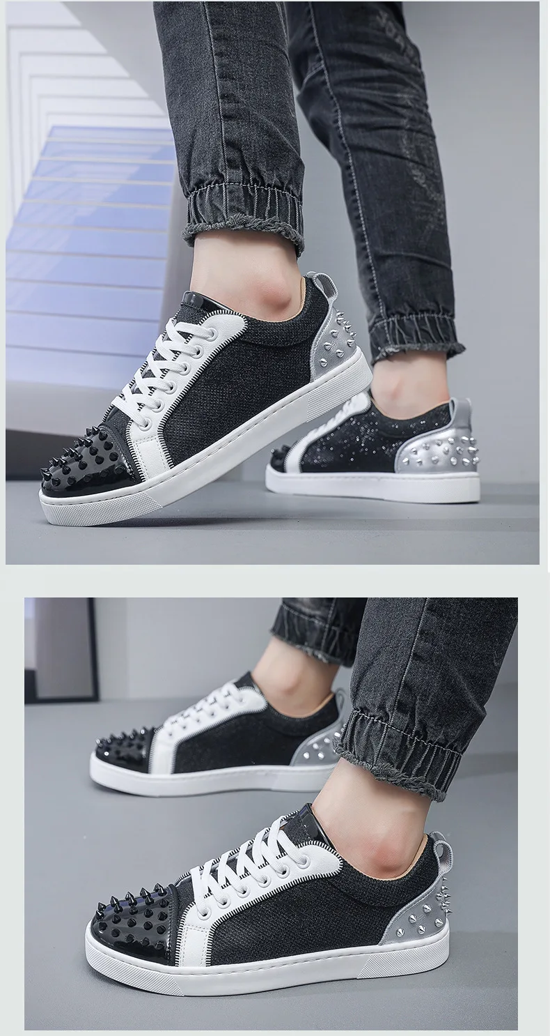 New Fashion Silver Trainers Glitter Spiky Shoes Men Lace Up Sneakers Low Top Shoes Red Sole Man Designer Sneaker With Spikes