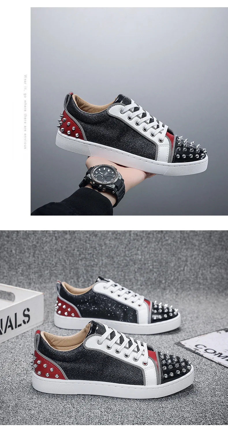 New Fashion Silver Trainers Glitter Spiky Shoes Men Lace Up Sneakers Low Top Shoes Red Sole Man Designer Sneaker With Spikes
