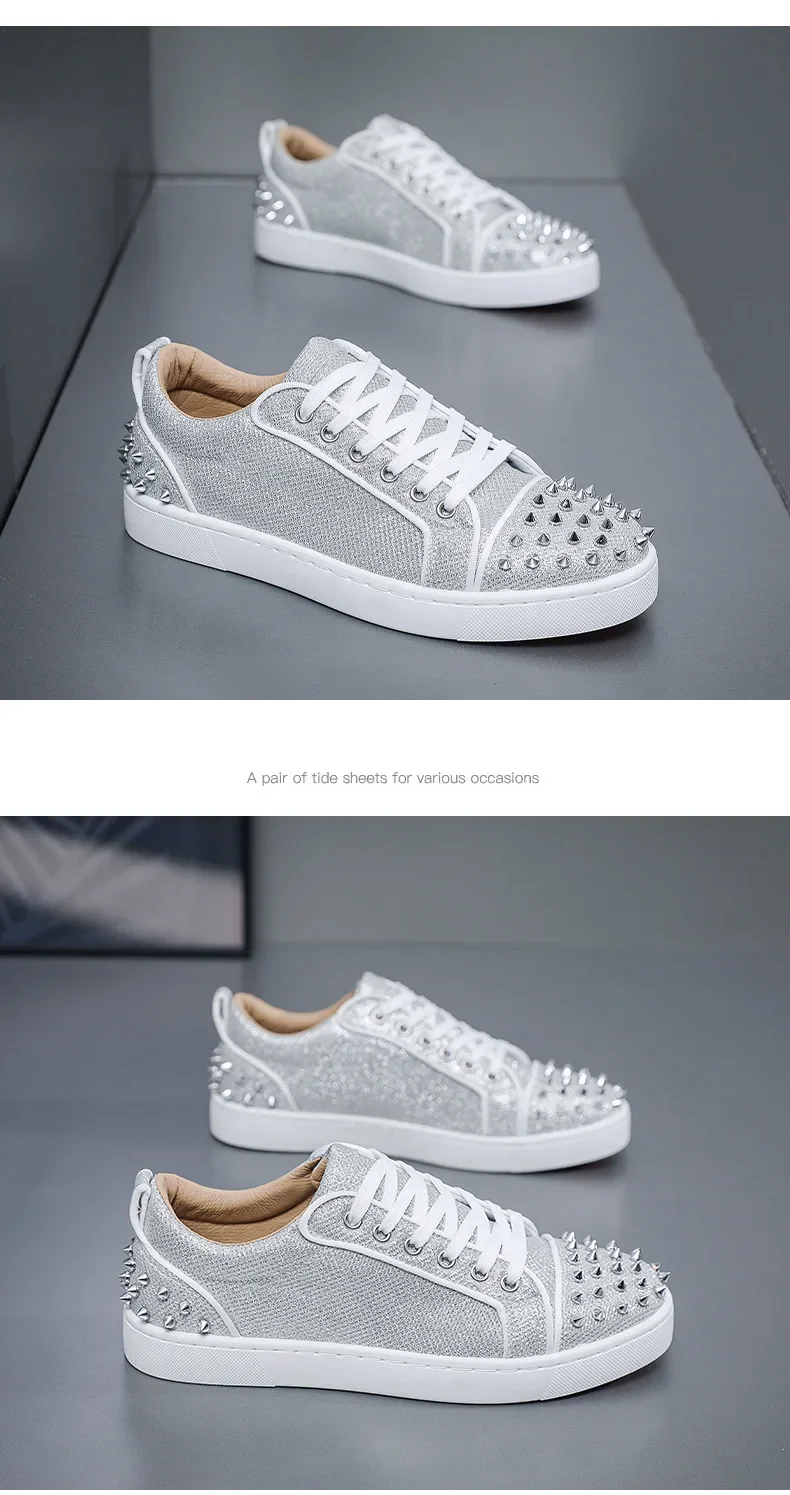 New Fashion Silver Trainers Glitter Spiky Shoes Men Lace Up Sneakers Low Top Shoes Red Sole Man Designer Sneaker With Spikes