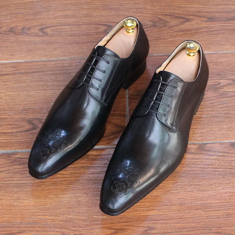 Classic Business Shoes Men Oxford Derby Genuine Leather Pointed Toe Fashion Lace Up High Quality Office Wedding Formal Shoe Male