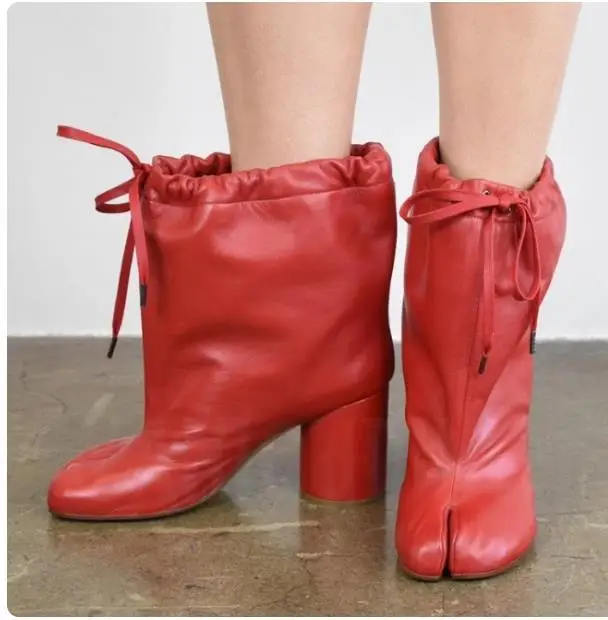 Leather Split Toe Tabi Boots For Women Chunky High Heels Women Shoes Ankle Boots Black Fashion Brand Designer Botas Mujer