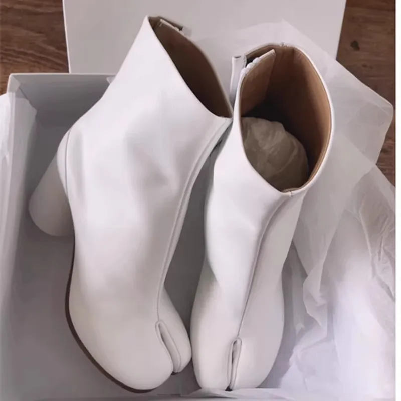 Leather Split Toe Tabi Boots For Women Chunky High Heels Women Shoes Ankle Boots Black Fashion Brand Designer Botas Mujer