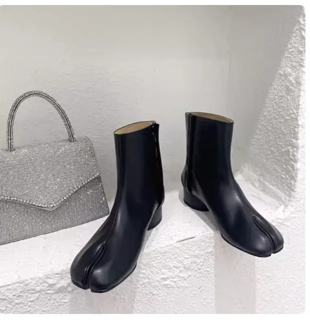 Leather Split Toe Tabi Boots For Women Chunky High Heels Women Shoes Ankle Boots Black Fashion Brand Designer Botas Mujer