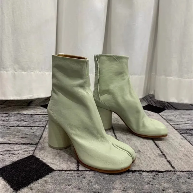 Leather Split Toe Tabi Boots For Women Chunky High Heels Women Shoes Ankle Boots Black Fashion Brand Designer Botas Mujer