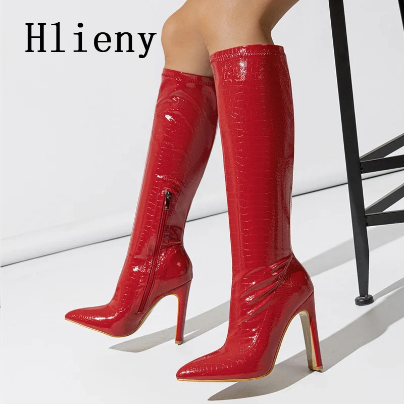 Hlieny Autumn Winter Fashion Women Knee High Motorcycle Boots Sexy Pointed Toe Square Heels Long Zipper Female Botas Shoes