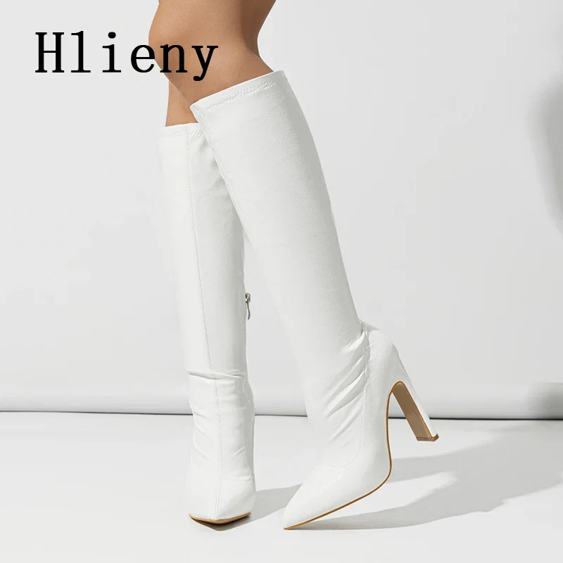 Hlieny Autumn Winter Fashion Women Knee High Motorcycle Boots Sexy Pointed Toe Square Heels Long Zipper Female Botas Shoes