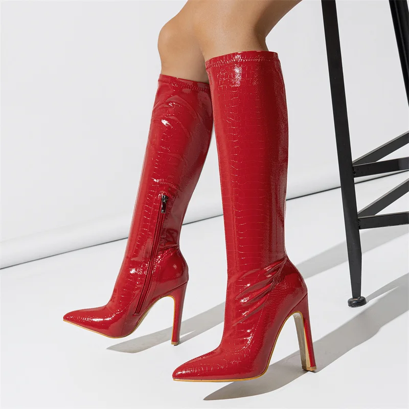 Hlieny Autumn Winter Fashion Women Knee High Motorcycle Boots Sexy Pointed Toe Square Heels Long Zipper Female Botas Shoes