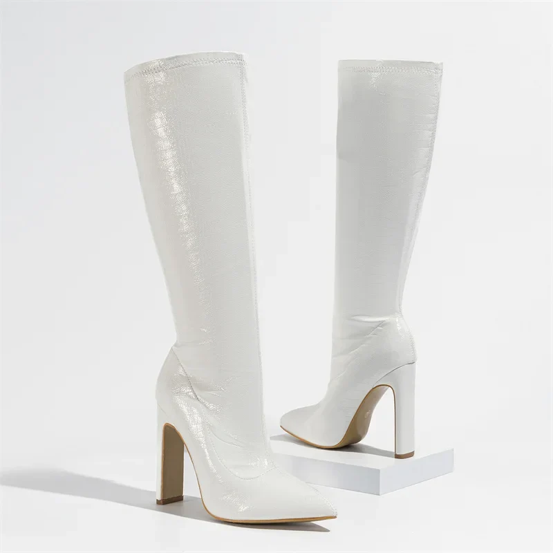 Hlieny Autumn Winter Fashion Women Knee High Motorcycle Boots Sexy Pointed Toe Square Heels Long Zipper Female Botas Shoes