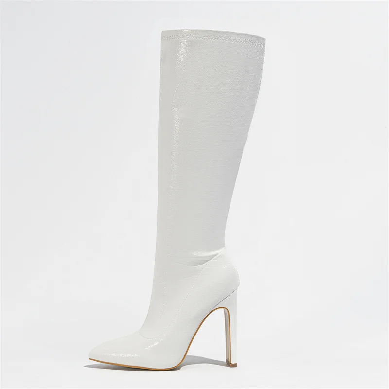 Hlieny Autumn Winter Fashion Women Knee High Motorcycle Boots Sexy Pointed Toe Square Heels Long Zipper Female Botas Shoes