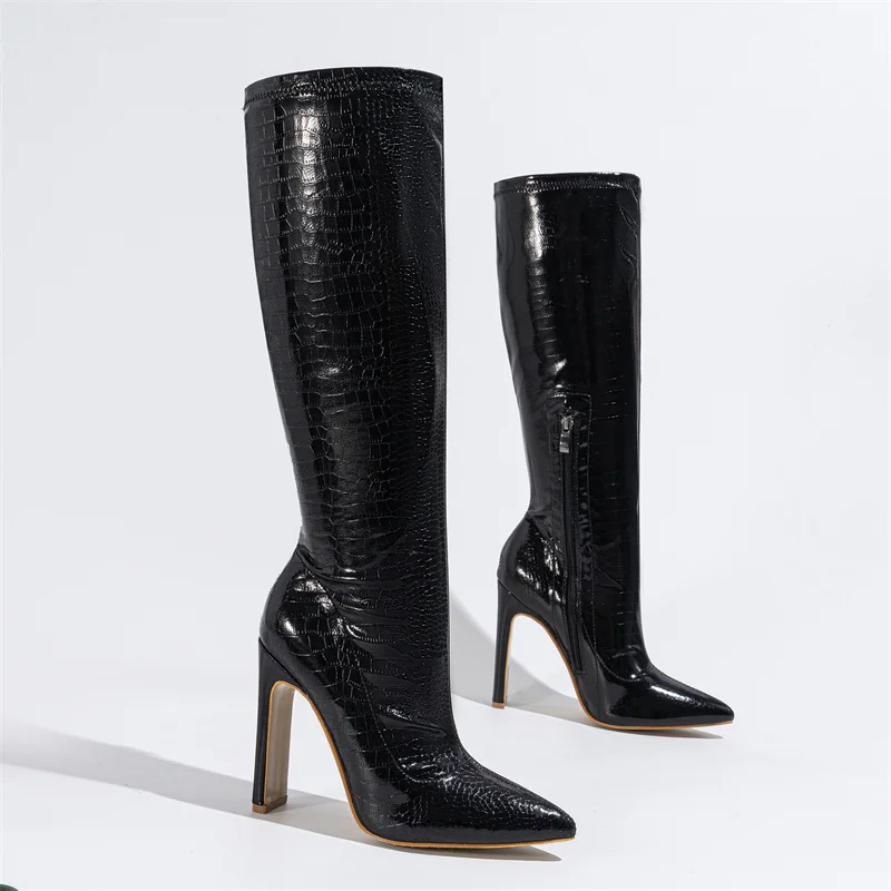 Hlieny Autumn Winter Fashion Women Knee High Motorcycle Boots Sexy Pointed Toe Square Heels Long Zipper Female Botas Shoes