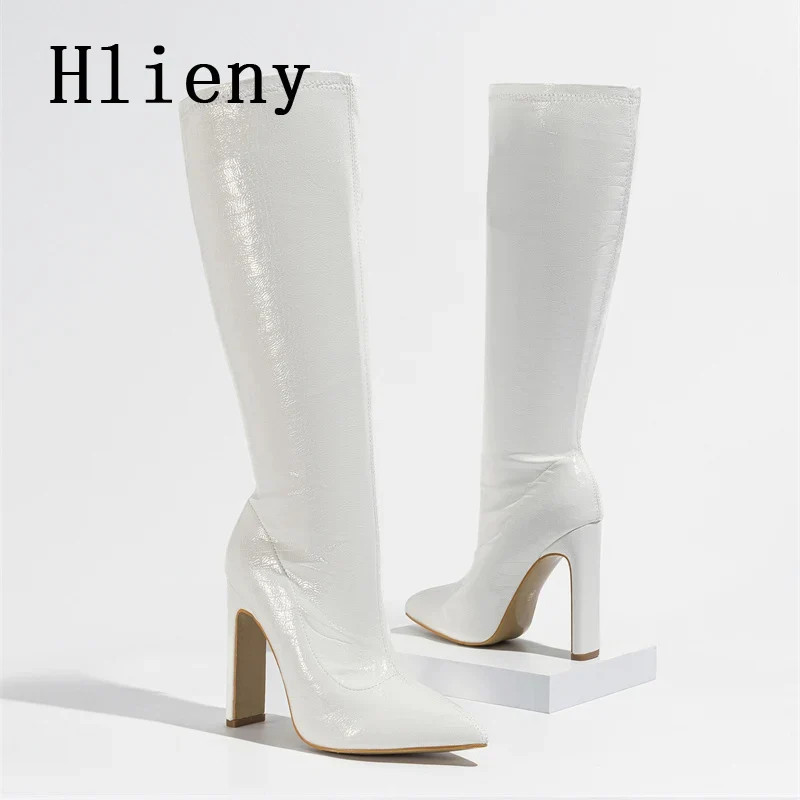 Hlieny Autumn Winter Fashion Women Knee High Motorcycle Boots Sexy Pointed Toe Square Heels Long Zipper Female Botas Shoes