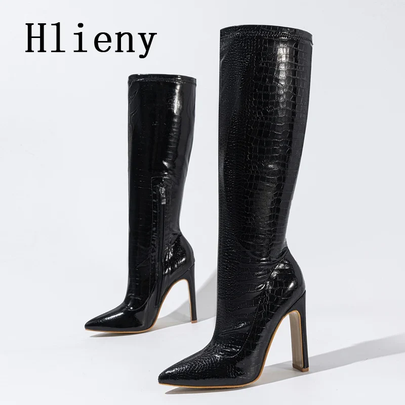 Hlieny Autumn Winter Fashion Women Knee High Motorcycle Boots Sexy Pointed Toe Square Heels Long Zipper Female Botas Shoes
