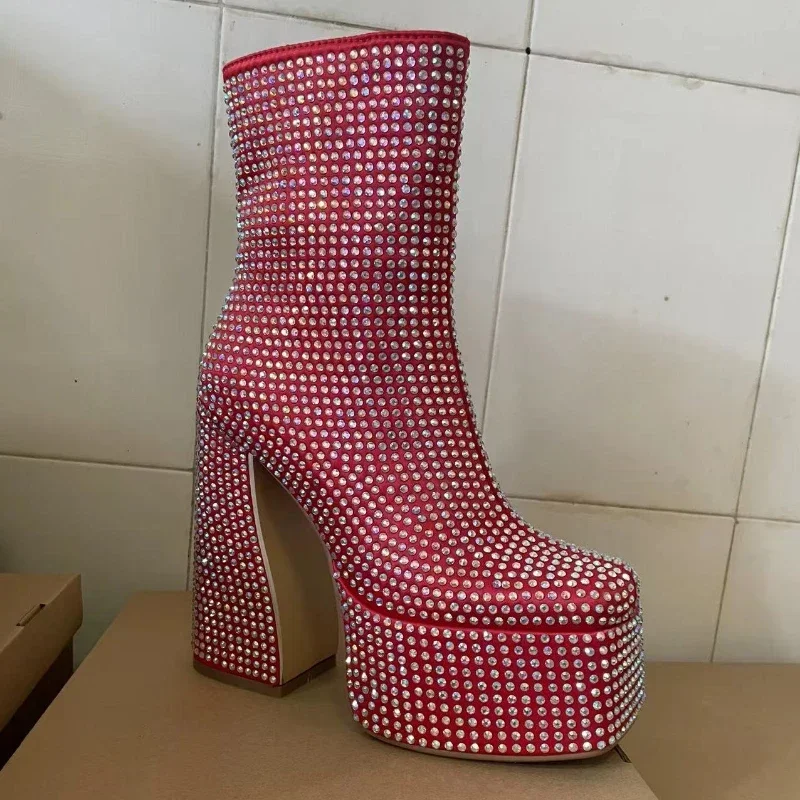 2024 Silver High Heel Chelsea Boots – Women's Platform Ankle Boots Square Toe with Diamond Decor, Chunky Heel Short Boots