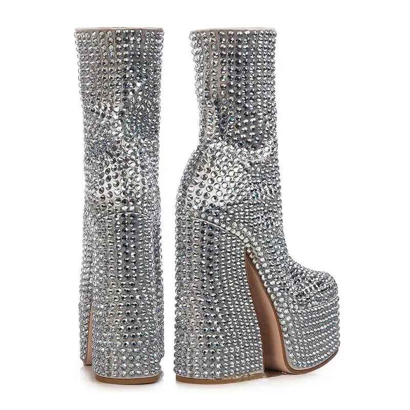 2024 Silver High Heel Chelsea Boots – Women's Platform Ankle Boots Square Toe with Diamond Decor, Chunky Heel Short Boots