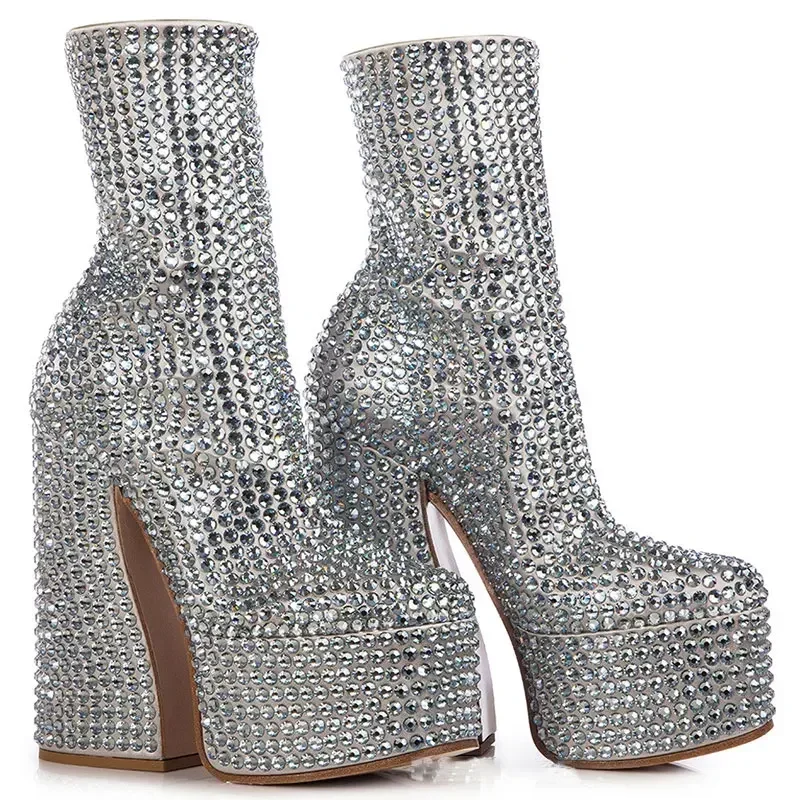 2024 Silver High Heel Chelsea Boots – Women's Platform Ankle Boots Square Toe with Diamond Decor, Chunky Heel Short Boots