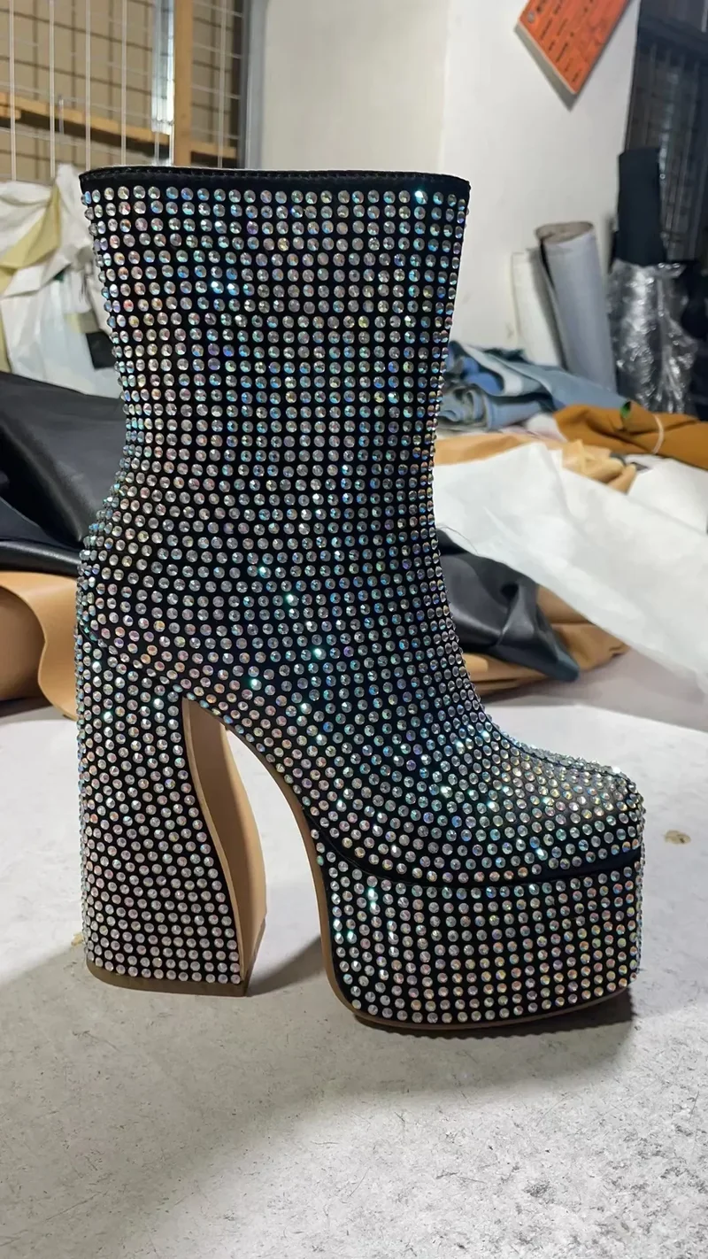 2024 Silver High Heel Chelsea Boots – Women's Platform Ankle Boots Square Toe with Diamond Decor, Chunky Heel Short Boots