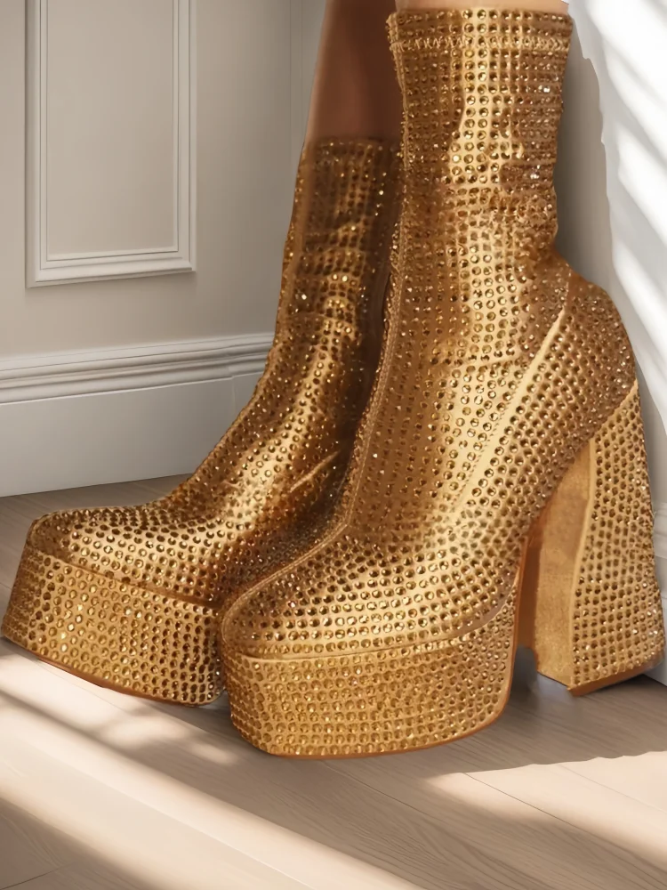 2024 Silver High Heel Chelsea Boots – Women's Platform Ankle Boots Square Toe with Diamond Decor, Chunky Heel Short Boots