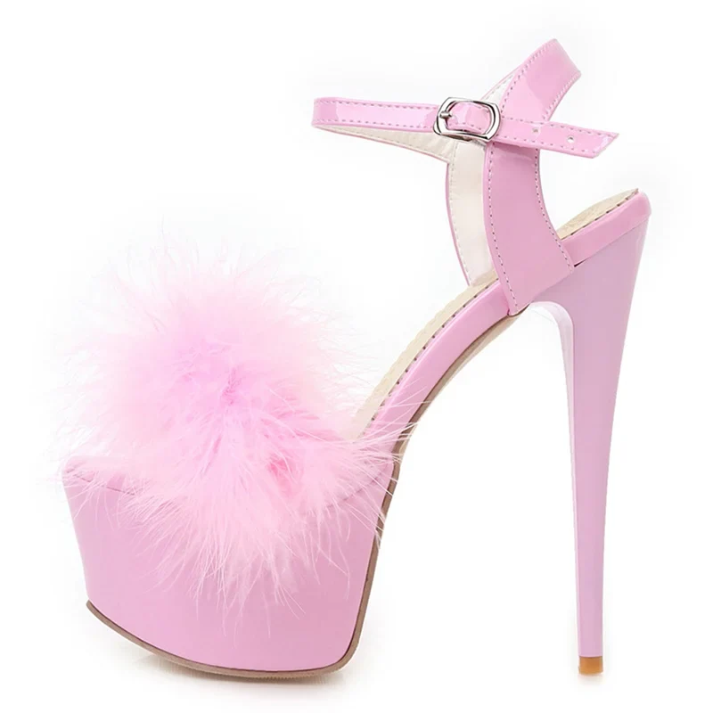Gladiator Sandals Women Summer Platform High Heels Wedding Party Shoes Sexy Pink Red Blue Feather Dance Shoes Female Large Size