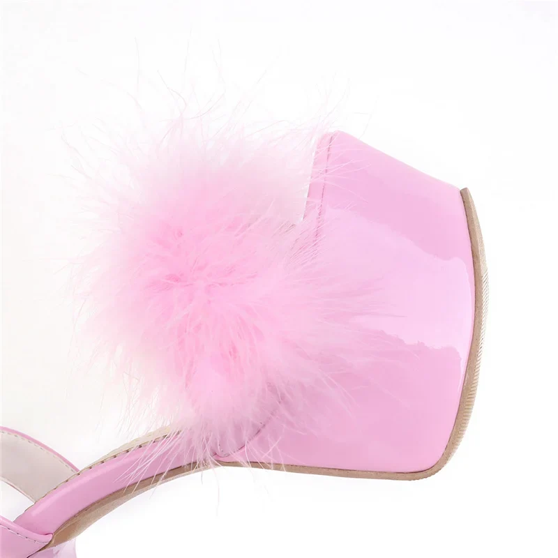 Gladiator Sandals Women Summer Platform High Heels Wedding Party Shoes Sexy Pink Red Blue Feather Dance Shoes Female Large Size